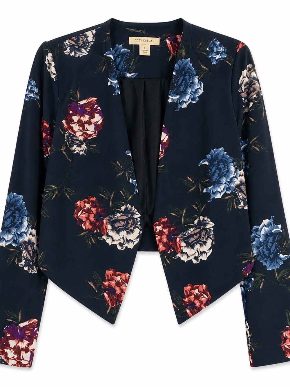 Cozy Casual Floral Cropped Blazer L Navy Romantic Lightweight